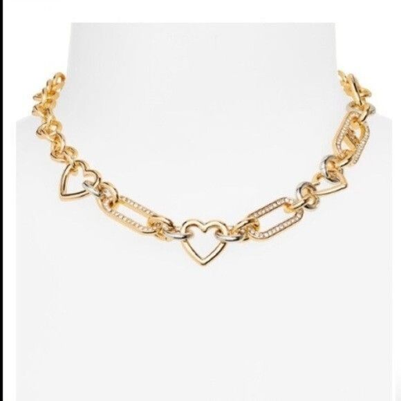 New Karl Lagerfeld Paris Two Tone Pave Crystal Heart Logo Link Collar Necklace - Picture 2 of 5